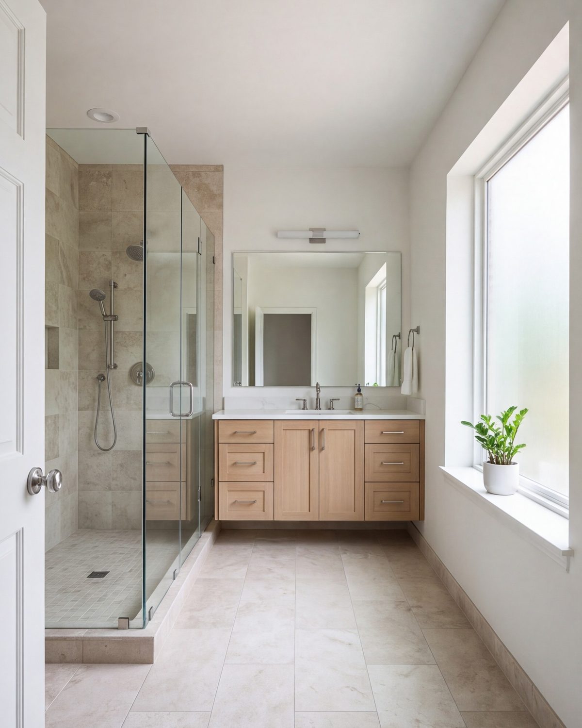 Remodeled bathroom seen from the doorway, walk-in shower, vanity and window light