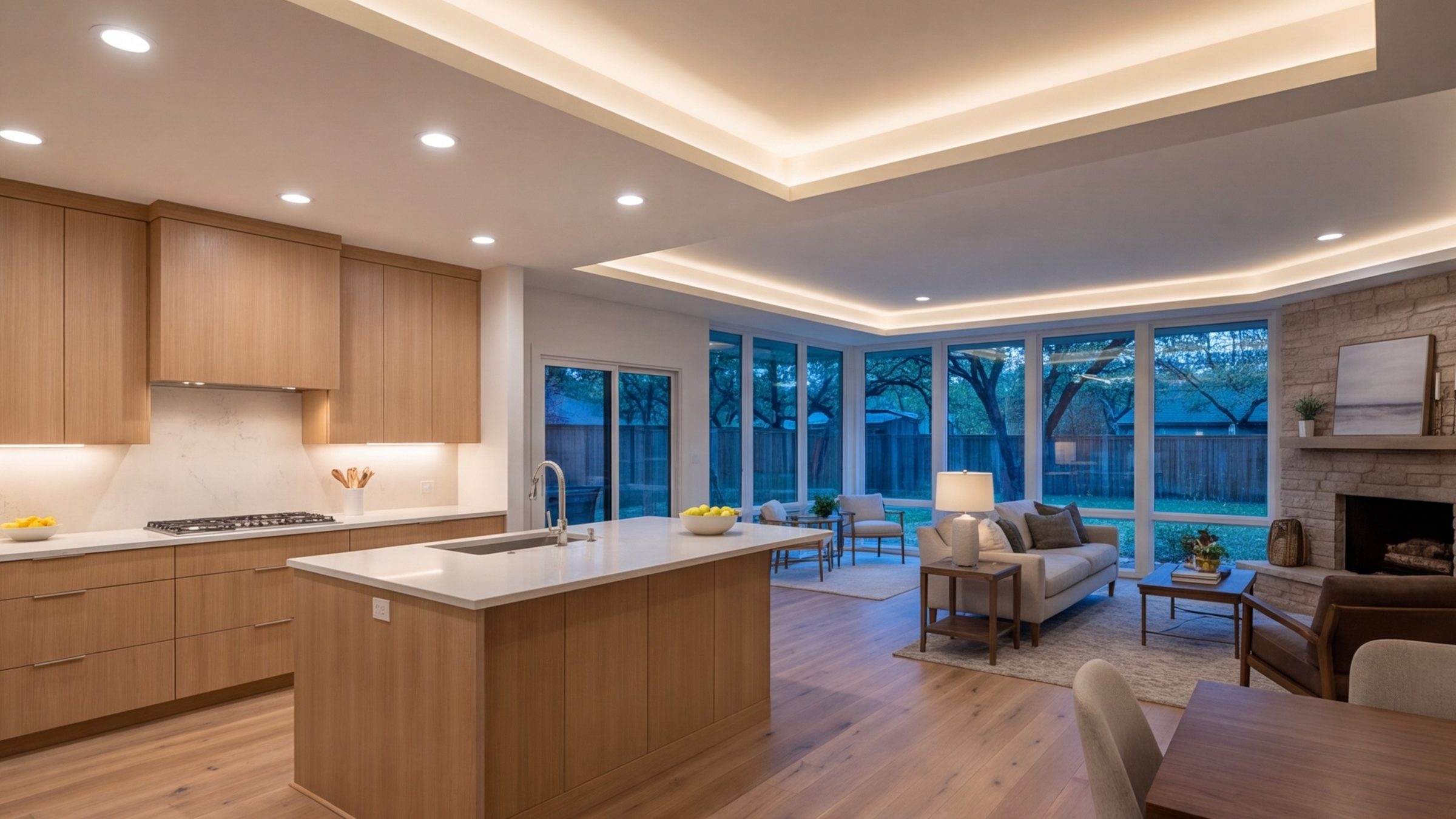 Wide view of a remodeled open-plan kitchen and living room in a Dallas ranch house at dusk