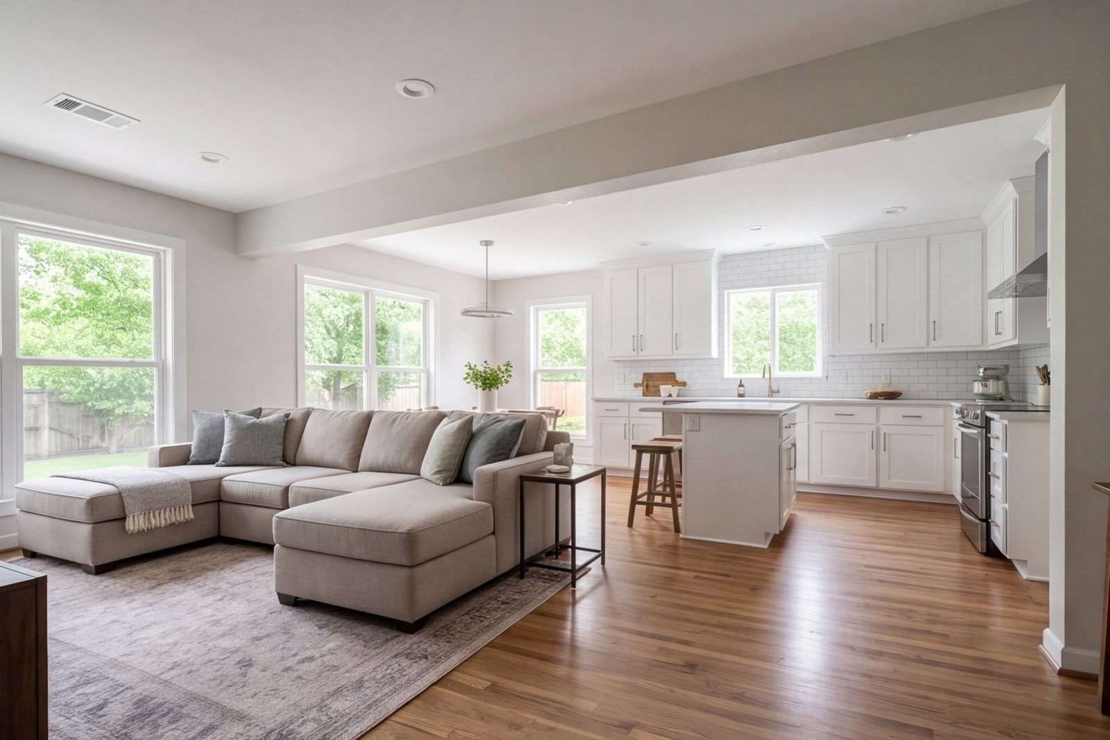 Remodeled Lake Highlands living space opening into the kitchen under a flat ceiling beam