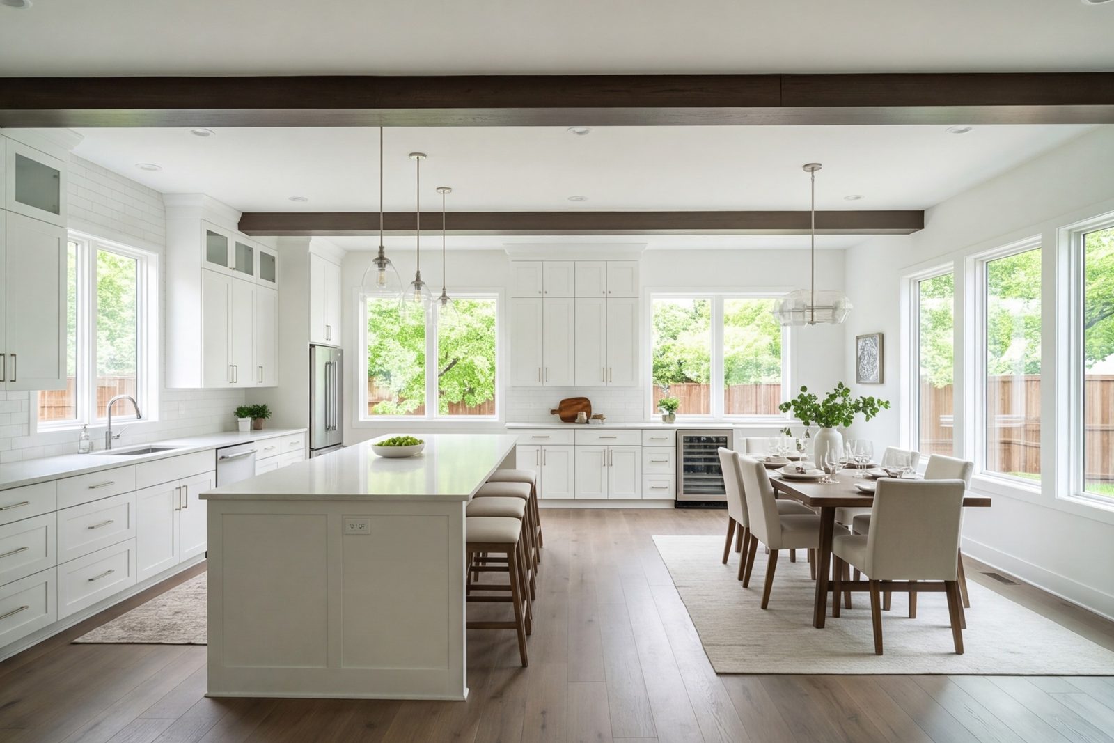 Garland open kitchen and dining area sharing one bright room after a wall was removed