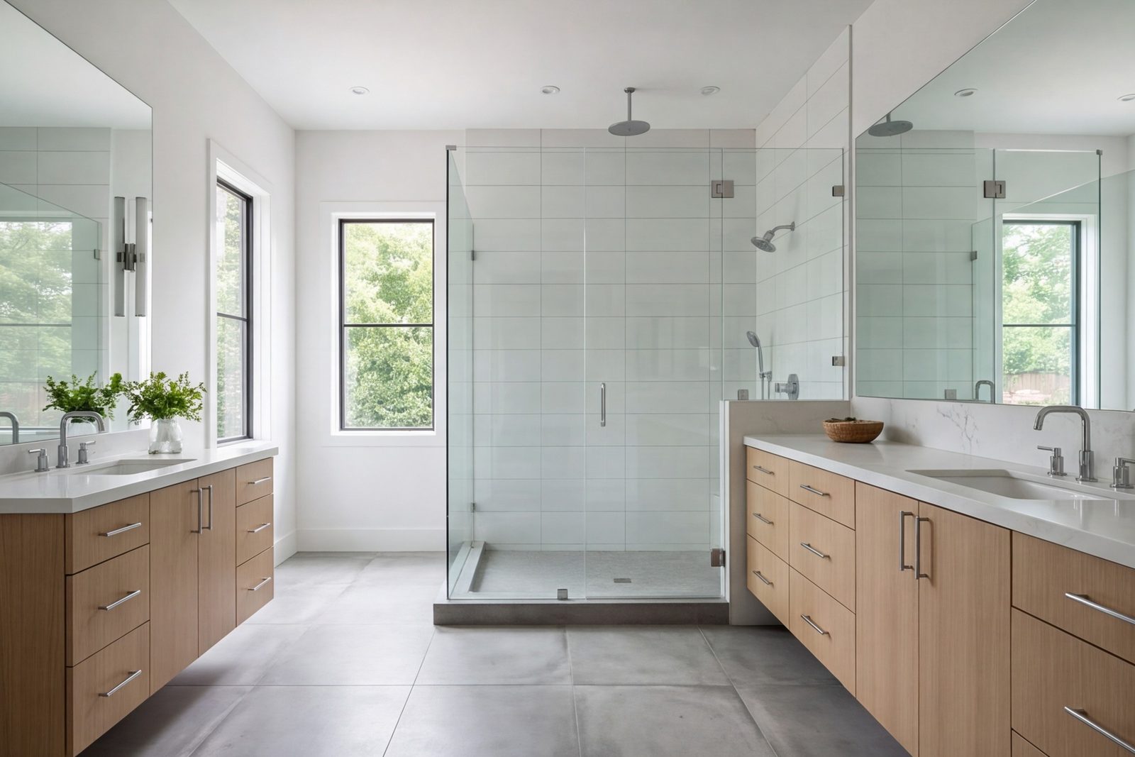 Spacious primary bathroom with a walk-in glass shower, double vanity and tiled floor